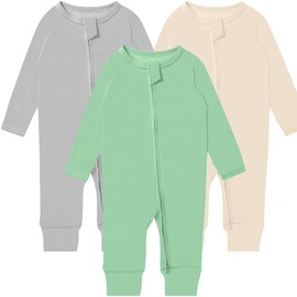 GUISBY Long Sleeve Cotton Pajamas Footless Baby Bodysuits with Zipper and Mittens 3-Pack for Boys Girls Green+Light Grey+Cream Apricot Newborn