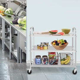 GAOMON 3 Layer Stainless Steel Cart, 265 LBS Capacity Metal Utility Cart Service Cart Lab Rolling Cart with Lockable Wheels and Handles for Kitchen, Lab, Clicnic, Salon