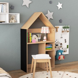 KOTEK 3-in-1 Kids Table and Chairs, House-Shaped Childrens Writing Desk with Chair, Blackboard & Storage Shelves, Anti-Tipping Device, Toddler Desk and Chair Set for Age 3+ Kids Room Bedroom