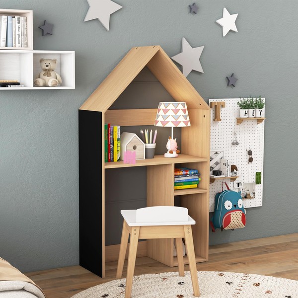 KOTEK 3-in-1 Kids Table and Chairs, House-Shaped Childrens Writing Desk
