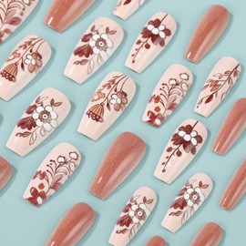 24Pcs Brown Coffin Press on Nails Medium Long Fake Nails Reusable False Nails with Flower Pattern Design Spring Summer Floral Nails Acrylic Nails Press ons Full Cover Glue-Free Nails for Women