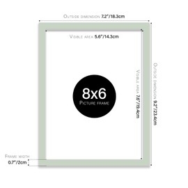Almost Frameless 8x6 Mint Green Picture Frame 8"x6"(20.3x15.2cm) Poster, Photo, Artwork, or Print. Thin Edge Slim Frame Portrait and Landscape Display with Wall Hooks