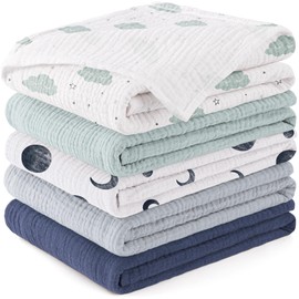 Susurration Muslin Cloths Baby Burp Cloths, Pack of 5, 100% Cotton Burp Cloths Baby for Boys and Girls, Soft, Breathable and Extremely Absorbent Muslin Cloth for Baby 60 x 60 cm (Blue Print)