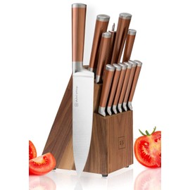 Copper Knife Set with Walnut Block – 13-Piece Premium Stainless Steel Knives for Kitchen with Rose Gold Handle – Stylish Copper and Rose Gold Kitchen Accessories