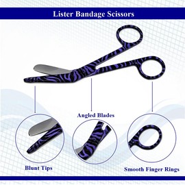 Lister Bandage Scissors 5.5" Nurse Vet Tech Gift - Made of Stainless Steel - First Aid, Used For Cutting Gauze, Tape, Clothing Bandages, Vet Wrap Adhesive Removal, Comes in Zebra Pattern, Purple