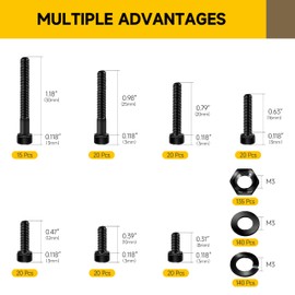 Mywish 550Pcs M3 Screw Metric Screw Assortment, Grade 12.9 Alloy Steel Hex Socket Head Cap, Metric Bolt Assortment, Flat & Spring Lock Washers/Nuts, Black Oxide, Anti Rust Machine Screws