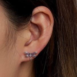 Kerraom Delicate Pink Dragonfly Women 925 Sterling Silver Earrings Shiny Cubic Zirconia Hypoallergenic Girls Earrings Gift for Women Girls, Sterling Silver Cubic Zirconia, Cubic Zirconia