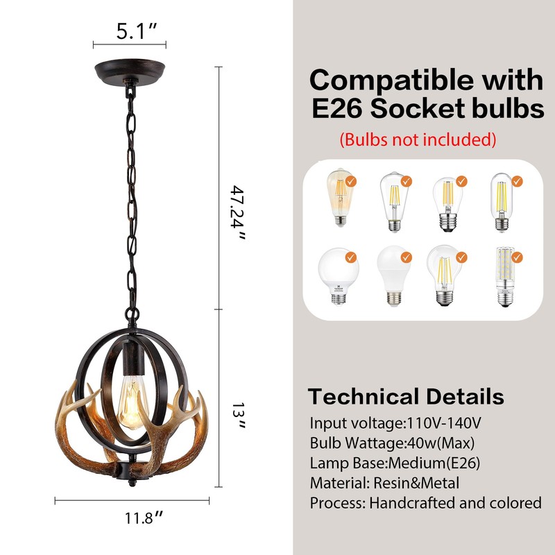 NEARLED Rustic Antler Pendant Light, Metal Globe with Resin Antlers,