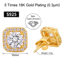 VEXXS Men’s Stud Earrings, S925 Sterling Silver Earrings, 18K Real Gold Plated Iced Out Earrings, Micro Pave 5A Cubic Zirconia Stones Men’s Diamond Earrings, Hypoallergenic Earrings for Men (D-18K Gold)