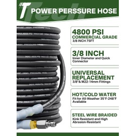 TechSweepPro 3/8" 4800PSI Pressure Washer Hose 75FT with Swivel Quick Connect for Cold/Hot Water Max 248°F, Kink Resistant Steel Wire Braided, Wear Resistant Power Washer Hose with M22 14mm Adapter