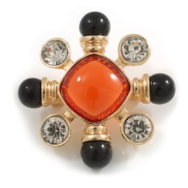 Vintage Style Crystal/Glass/Resin Beaded Cross Brooch in Gold Tone (Red/Black/Clear) - 50mm Tall