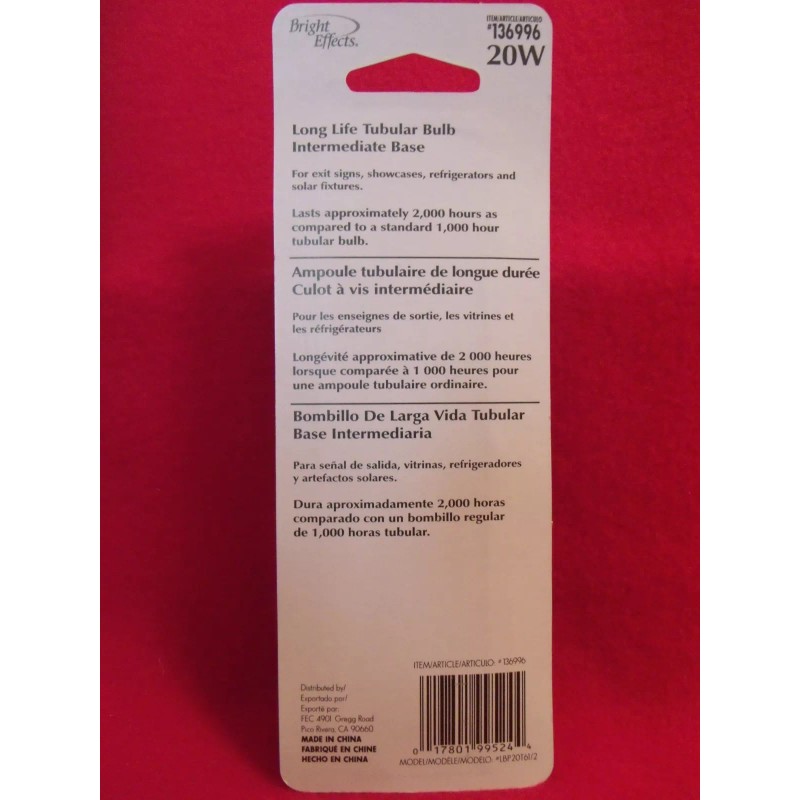 BRIGHT EFFECTS TUBULAR BULB, 20 WATT 120 VOLT FOR LIGHTS,
