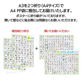 Dokoku Gakushukan Kanji Table Learning in Third Grader Bath Poster 3rd Grade A3 Yupo Paper (2 Fold A4 Packaging), 2 Sheets with Writing Order, Examples of Use, Illustration Included, Waterproof