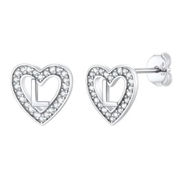 925 Heart Earrings Womens Birthday Gift, Sterling Silver Alphabet A-Z Letter Stud Hypoallergenic Dainty Small Initial L Earrings with Diamond Stones