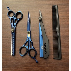 Blue and Black Barber Scissors Set Hair Cutting Scissors, Thinning Shears, Straight Edge Razor and Comb