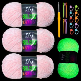 3PCS Glow in The Dark Chenille Yarn,Beginner Yarn for Crocheting,DIY Handcrafts Weaving Soft Chenille Yarn,50g/Reel, 70m (76.5 Yds). (Pink)