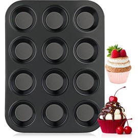 Heanvmyss Muffin Tray, Carbon Steel Muffin Tray for 12 Muffins, Non-Stick Baking Tray, Dishwasher Safe, Muffin Baking Moulds for Cupcakes, Brownies, Pudding, Cakes, Oven (35 x 26 cm, Black)