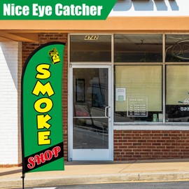 Buryeah Smoke Shop Sign Advertising Feather Banner Kits for Business 7 x 5.4 ft Feather Flag with Flag Pole Ground Stake Portable Smoke Shop Signs Flag Banner for Outside Business(Green)