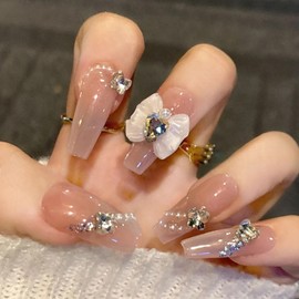 Medium Press on Nails Coffin Fake Nails with Bow Pearls Rhinestones Designs Nude Full Cover Acrylic Nails Press ons Glossy 3D Charm Glue on Nials for Women 24 Pcs