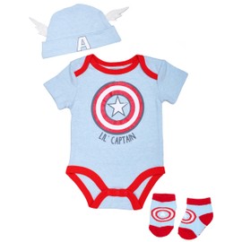 CAPTAIN AMERICA Baby Boys Three Piece Clothing Set - Bodysuit, Cap, and Booties Clothes for Baby (Blue Multi, 6-9M)