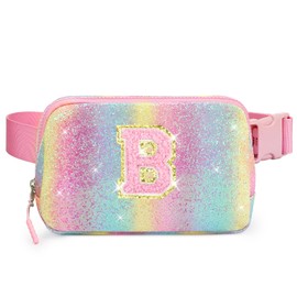 Cotmcor Kids Fanny Pack Glitter Waist Pack Initial Crossbody Bag Belt Bag for Girls Gifts Sparkly Cute Purse Rainbow B