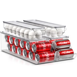 Sorbus Soda Can Organizer for Refrigerator & Egg Holder for Fridge Set, 2 Stackable Can Holder Dispenser Holds 12 Cans Each & 2 Egg Holders with Lid holds 14 eggs for Fridge, Pantry, Freezer, BPA-Free