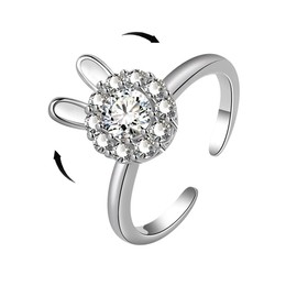 Izpack Dainty Rabbit Spinner Ring Cubic Zirconia Crystal Bunny Animal Stacking Adjustable Open Bands Fidget Anxiety Relieve Rings Cute Jewelry Gifts for Women BBF (Silver)
