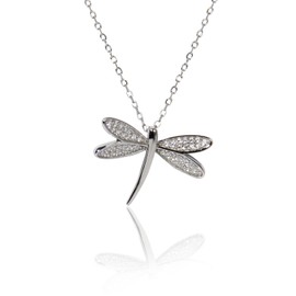 Dragonfly Necklace Sterling Silver Dragonfly Charm Pendant Necklace Dainty Dragonfly Jewelry Bug Necklace Cubic Zirconia, Silver