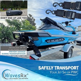 WavesRx Premium Boat & Jet Ski Trailer Transom Tie Down Straps - Adjustable Marine Boat Trailer Strap via Quick Release Buckle - Boats Transom Straps & Watercraft Accessories for Safe Transport