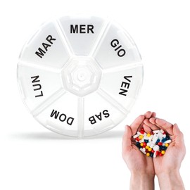Weekly Round Pill Box 8.5cm with Large Italian Writing - 7 Compartments for Pills and Supplements - New Model with Reinforced Hinges - Compact and Easy to Use Organizer