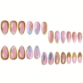 Press on Nails Almond Fake Nails Short Gradient False Nails Press ons Rhinestone Gold Line Design Glue on Nails 3D Water Ripple Artificial Nails Glossy Full Cover Stick on Nalis for Women 24 Pcs