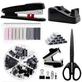 Black Office Supplies,UPIHO Black Desk Accessories,Stapler and Tape Dispenser Set for with Large Stapler,Tape Dispenser, Staple Remover, Staples, Clips,Scissor and Tabs,Gifts for Office Clerks