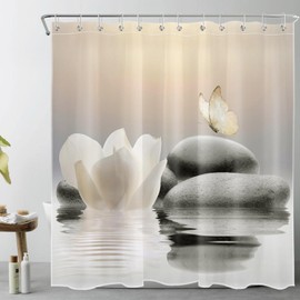 EOBTAIN Zen Water Lily Shower Curtain for Bathroom Flower and Butterfly Landed on Stone on The Water Surface Shower Curtain with 12 Hooks Nature Landscape Bathroom Curtains Shower Set 72x72 Inch