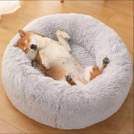 Excitent Dog Ded,Cat Beds for Indoor Cats,Washable Donut and Cat Bed,Soft Plush Pet Cushion,Waterproof Bottom Fluffy Calming Self-Warming Bed Sleep Improvement（Light Gray 31.5IN）