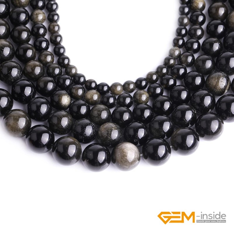 GEM-Inside - Cuentas redondas naturales de obsidiana dorada semipreciosas de