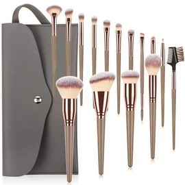 TANSAR 15 Pieces Makeup Brush Set, Professional Makeup Brush Set in Coffee Brown, Makeup Brush Set with Leather Bag, Travel Size for Highlights and Contours