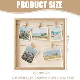 GOMETY Wooden Photo Holder, Wooden Photo Collage Frame 30 x 30 cm, Wall Picture Frame with Cord, Photo Frame Collage with Photo Wooden Clips, Versatile Photo Holder for Photos or Postcards Natural