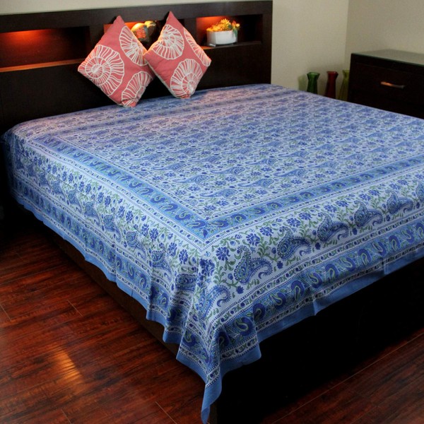Homestead Rajasthan Paisley Block Print Tapestry-Bedspread-Wall Hang-Blue