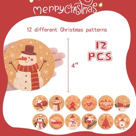 DomeStar 12PCS Christmas Coasters Set, Christmas Cork Coasters 4Inch Cork Cup Mat Wooden Coasters for Xmas Party Home Kitchen Table