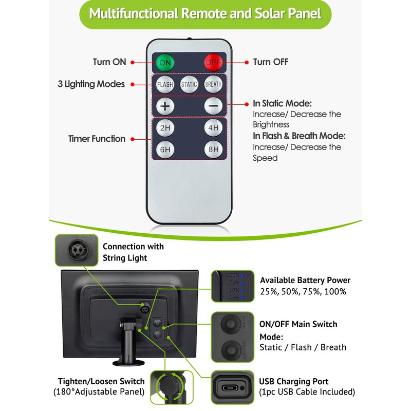 Larkvue 96FT(2x48FT) Solar Outdoor String Lights with Remote & Timer,