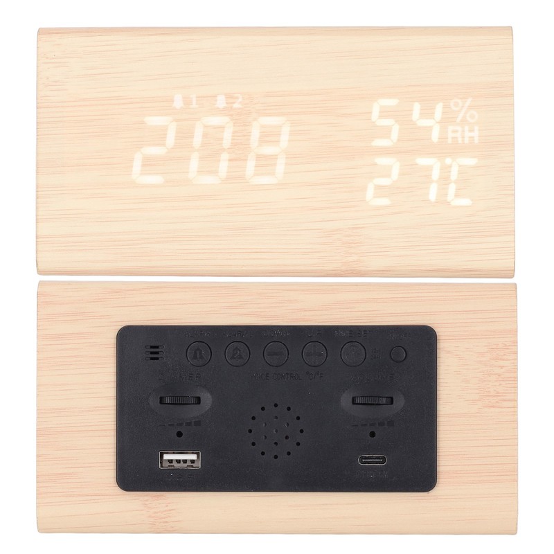 LED Digital Alarm Clock Multipurpose Wooden Clock with Voice Control