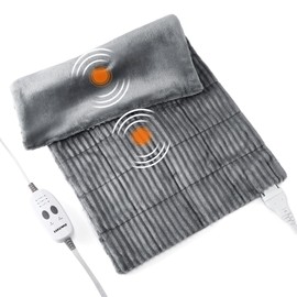 Weighted Heating Pad with Massager Electric Heating Pad for Back with Massaging Vibration, 3 Heating Levels & 3 Massage Types, XXXL Large Size Heating Pad, 33” x 17”, Grey
