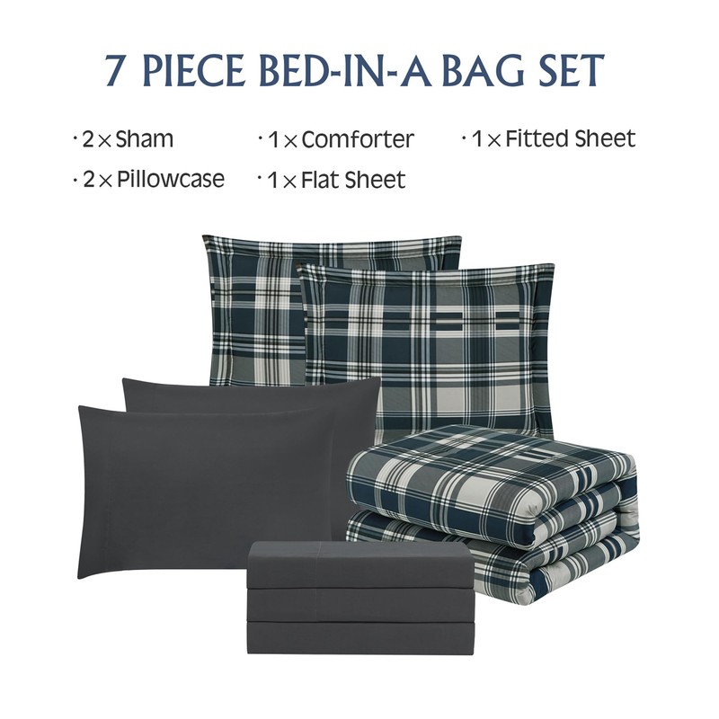 MaiRêve Full Size Comforter Set Navy Blue, Plaid Design Comforter