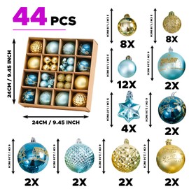 Christmas Tree Decorations Baubles 44 Pcs – Hanging Ball Ornaments Sets – Shatterproof 3 & 6cm Plastic Balls for Festive Holiday – Ideal for Home, Trees, Weddings, and Party Decor (Blue & Gold)