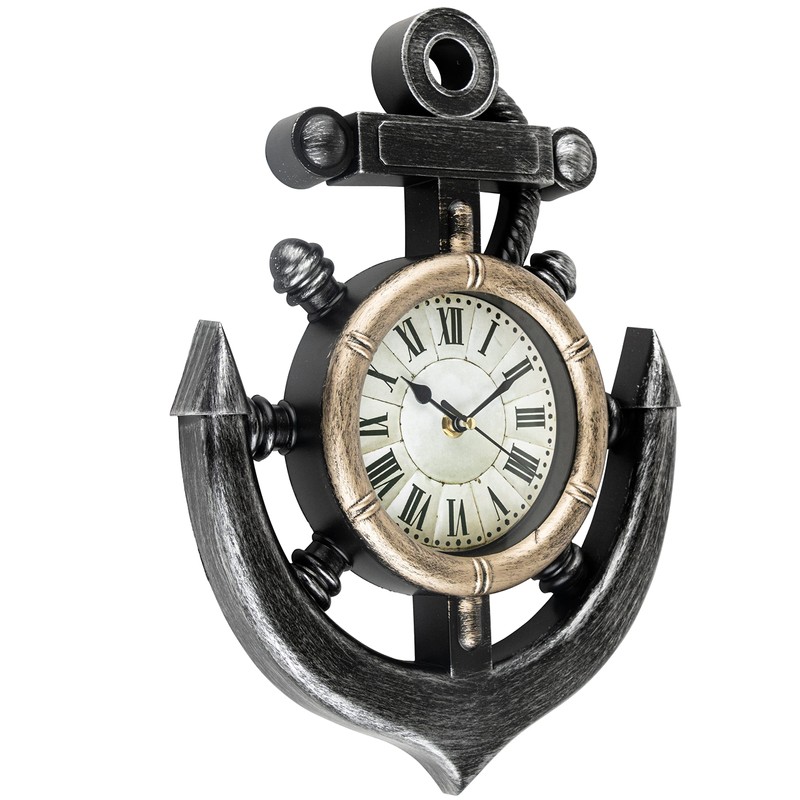 Timely Furnishings Anchor and Boat Wheel Wall Clock, Rustic Nautical