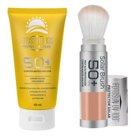Fotosun UV 100 Protector Solar Facial en Polvo con Brocha + Bloqueador Solar en Crema 50+ FPS Protección UVA UVB Kit de Uso Diario paro Todo Tipo de Piel (Solar Brush + Facial 60ml)