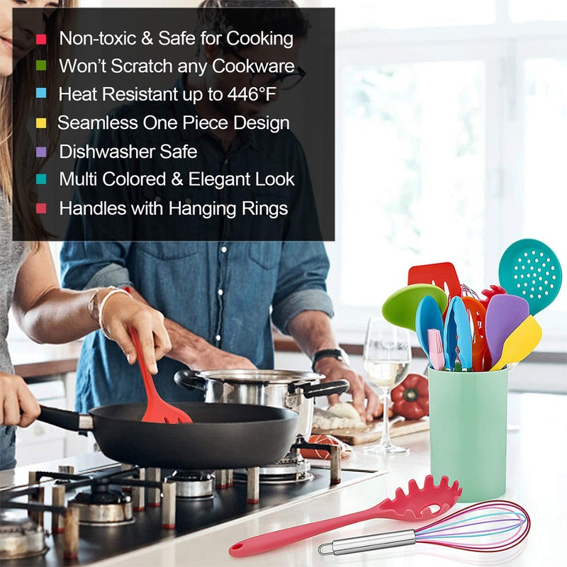 LIANYU 12-Piece Silicone Kitchen Cooking Utensils with Holder, Kitchen Tools