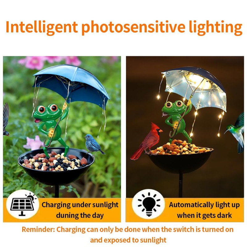 YZYOE Solar Powered Frog Holding an Umbrella Feeding Light, Garden