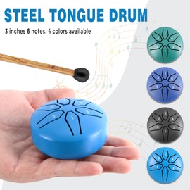 EASTROCK Mini Steel Tongue Drum for Kids 3 Inch 6 Notes Percussion Instrument Handpan Drum C Key with Mallets,Music Book (Blue)