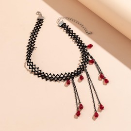 Gothic Blood Drop Tassel Necklace Vintage Black Crystal Beaded Pendant Necklace Red Multi-layer Rhinestone Pendant Black Lace Pendant Necklace Punk Style Blood Drop Tassel Collar Bone Necklace Jewelry for Women (B1)